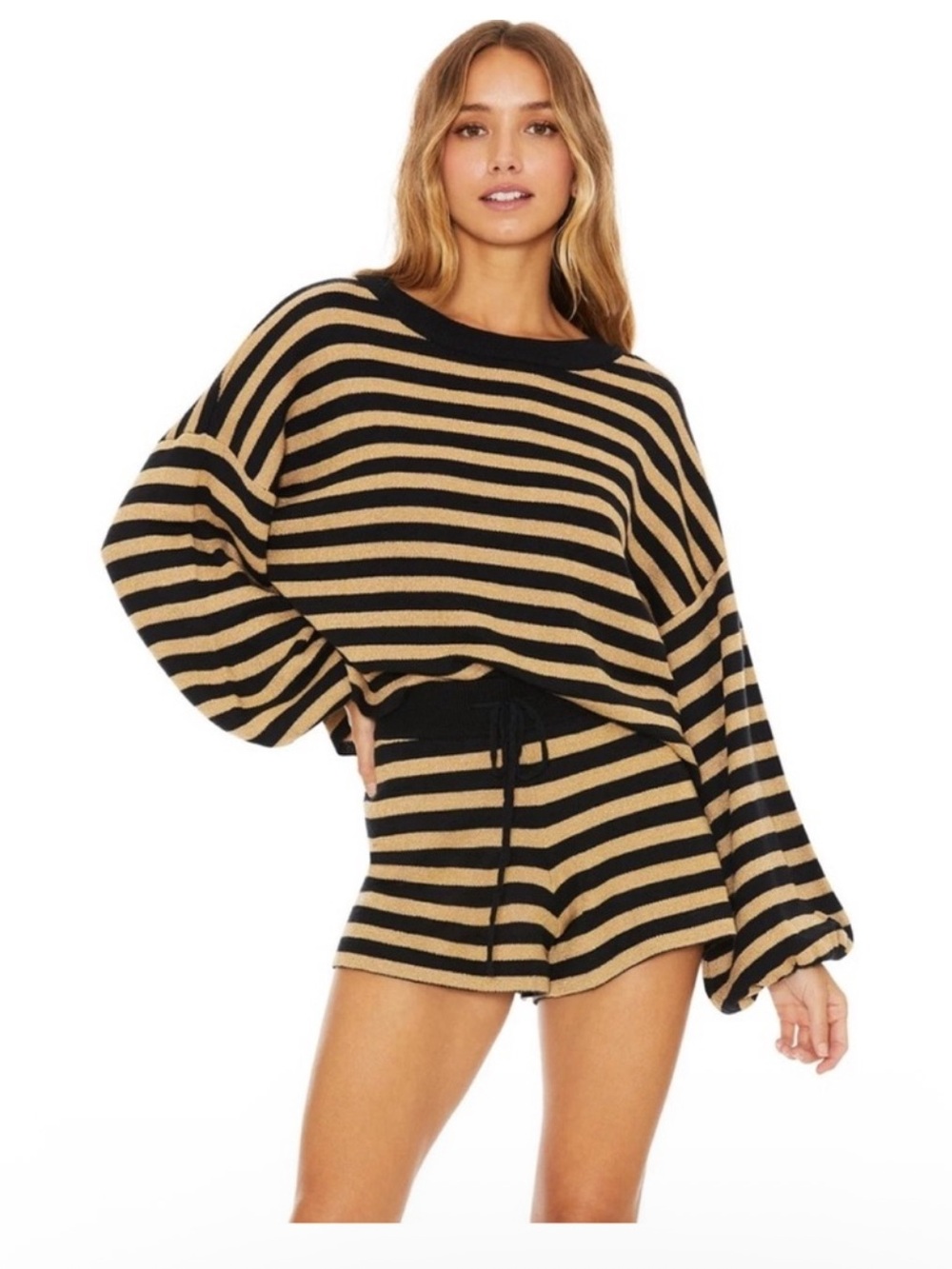 Beach Riot Black & Camel Striped Knit Lounge Set